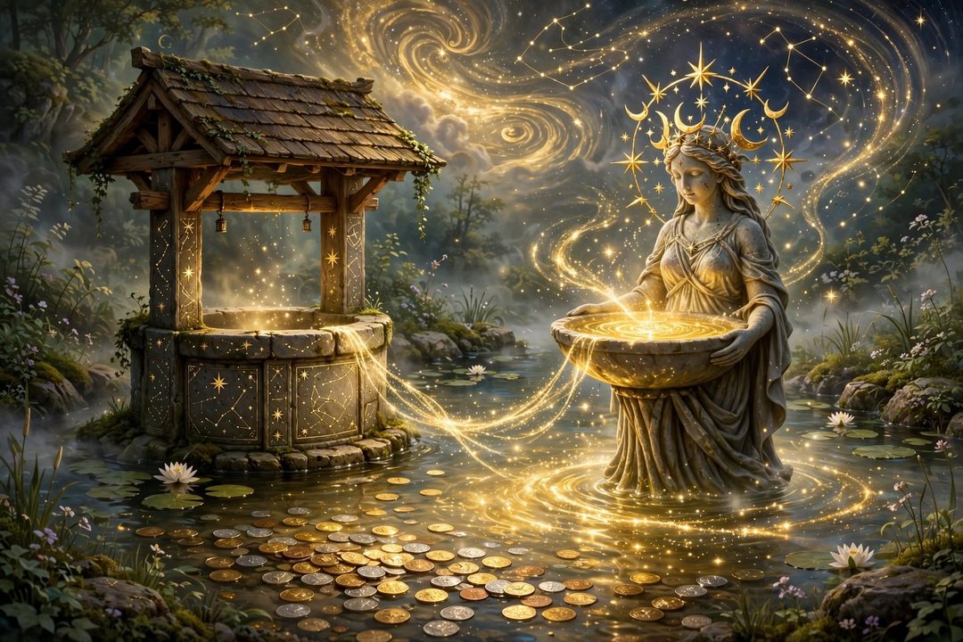 The Star Shine Wishing Well — a goddess pours golden light into the wishing well